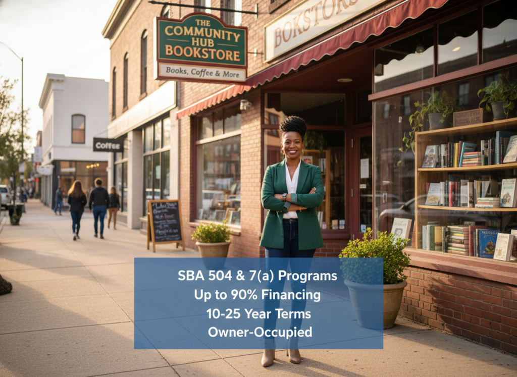 SBA loan programs for commercial real estate showing small business owner with property