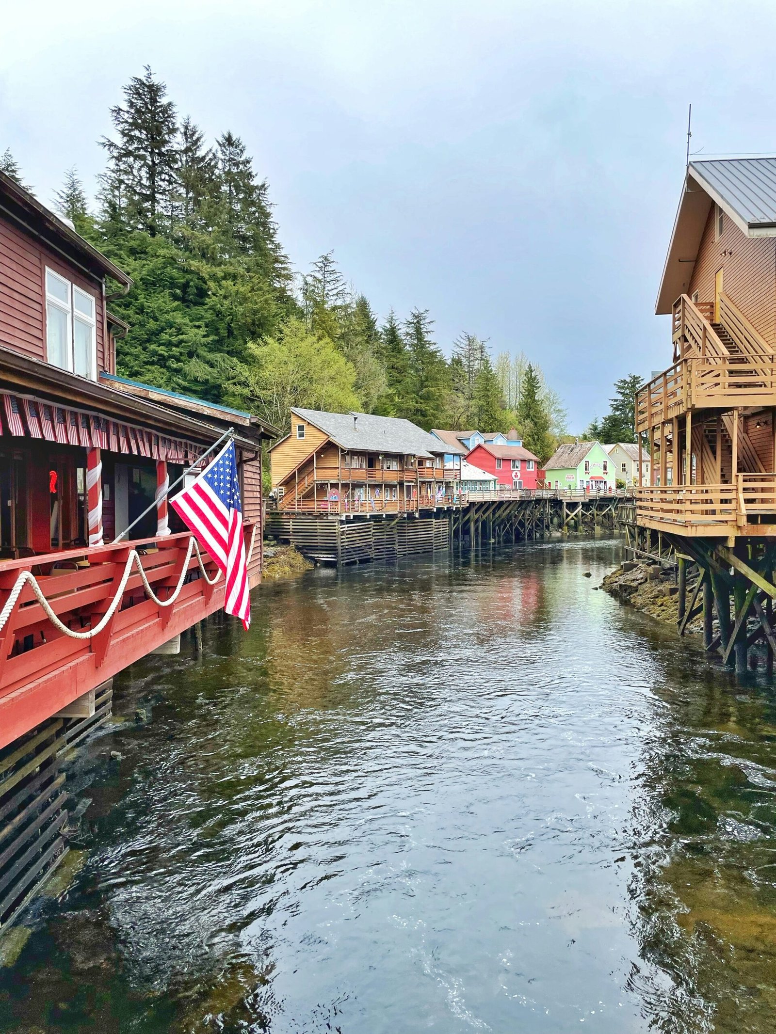a river running through a small town next to a forest