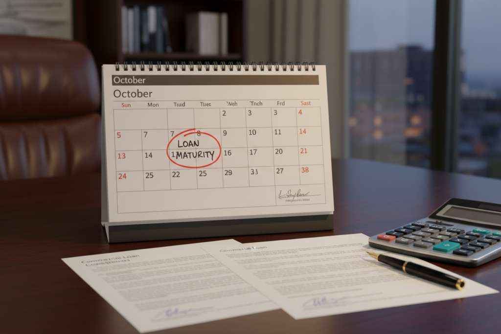 Calendar marking commercial loan maturity date with financial documents