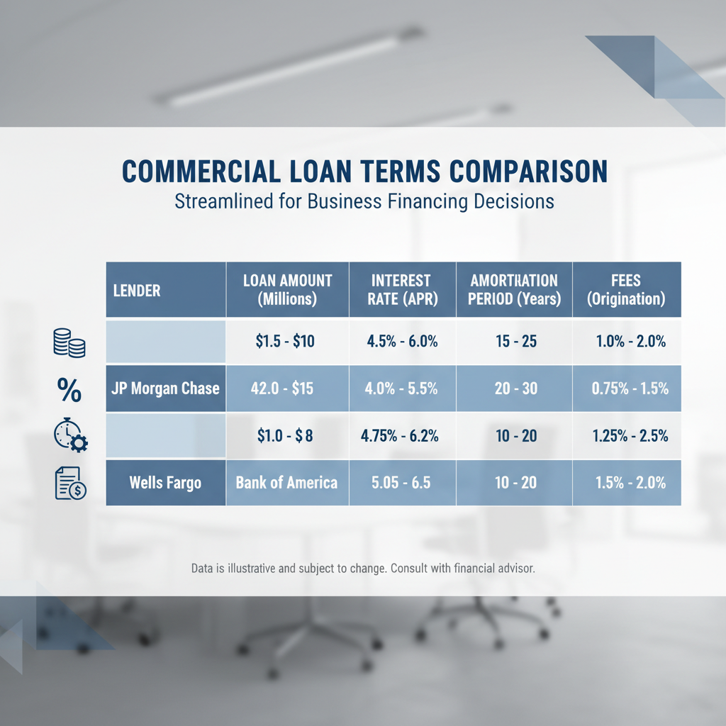 Commercial loan terms comparison chart showing different lender options