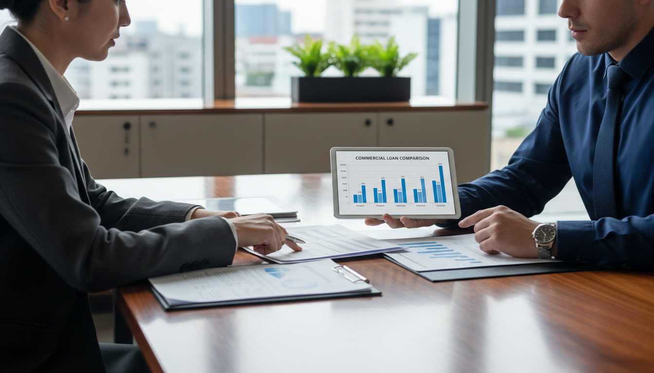 Commercial property owner reviewing loan maturity options with financial advisor