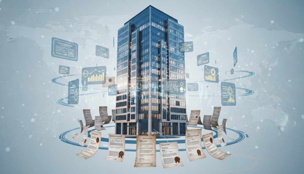 Commercial real estate financing options illustrated with building and financial instruments
