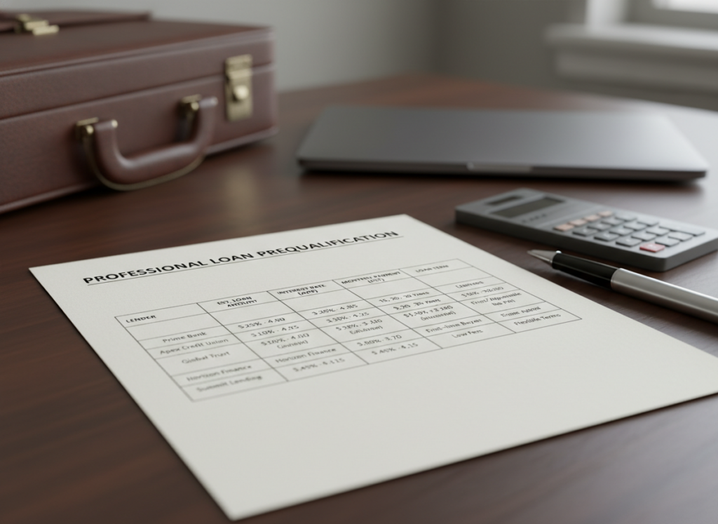 Prequalification document showing loan amount, rate range, and terms from multiple lenders