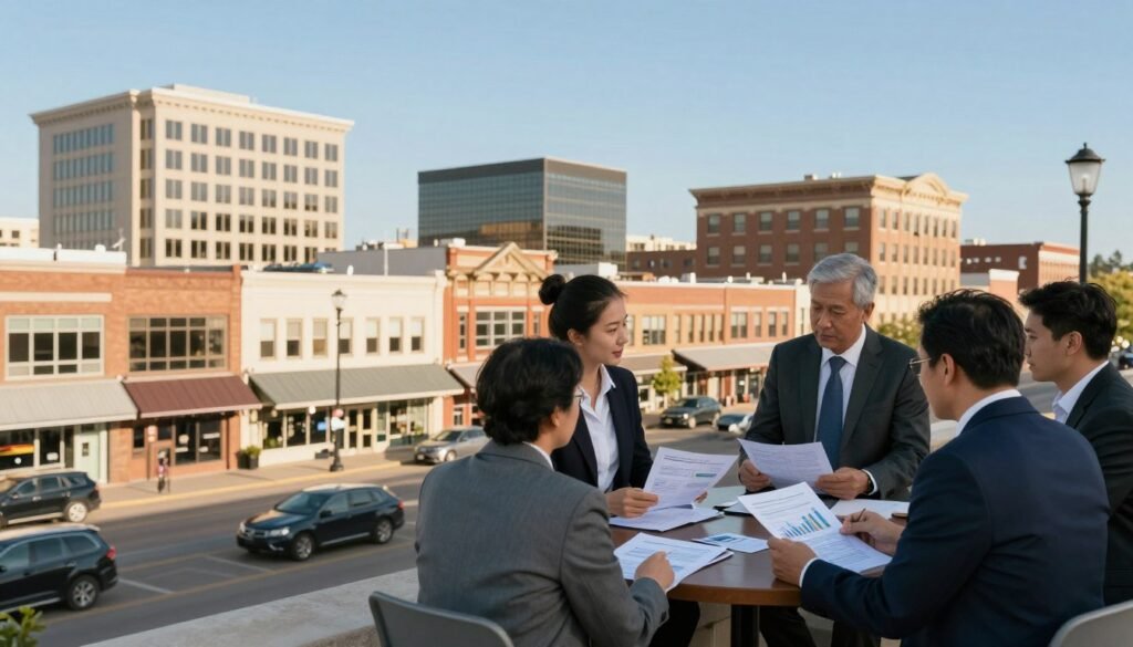 A bustling South Dakota cityscape in the foreground features a diverse array of commercial buildings, such as modern office complexes, retail storefronts, and multi-use properties, all showcasing different architectural styles. In the middle ground, a professional business meeting is taking place outdoors, with individuals dressed in business attire discussing charts and financial papers, embodying a collaborative spirit in commercial real estate financing. The background reveals a sunny blue sky, hinting at a bright future for real estate investments, with the iconic South Dakota landscape subtly framing the scene. The lighting is warm and inviting, casting soft shadows, while the angle captures the interaction and energy of the meeting, creating a mood of optimism and opportunity in today’s commercial real estate market.
