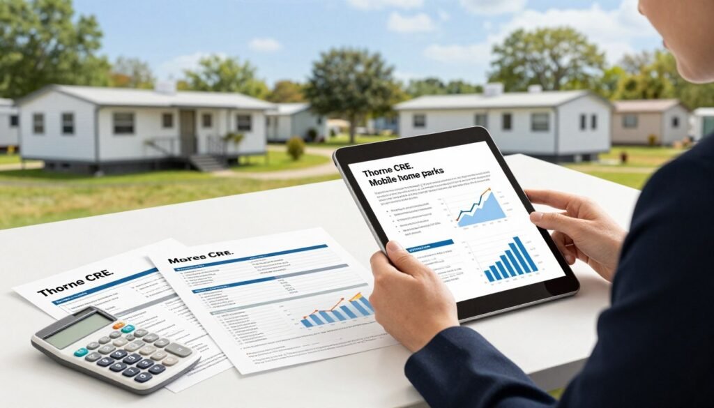 A detailed and visually appealing illustration of loan options for mobile home parks. In the foreground, depict a confident business professional in smart attire, reviewing financial documents and charts on a sleek tablet, showcasing various loan options for mobile home parks. In the middle, include a neatly arranged table featuring loan brochures and calculator, symbolizing various financing possibilities. In the background, present a well-maintained mobile home park with trees and blue skies, conveying a sense of community and investment potential. Use soft, natural lighting to create an inviting atmosphere, with a slight focus on the documents to emphasize the financing aspect. The image should reflect professionalism and optimism, representing the brand "Thorne CRE." A detailed and visually appealing illustration of loan options for mobile home parks. In the foreground, depict a confident business professional in smart attire, reviewing financial documents and charts on a sleek tablet, showcasing various loan options for mobile home parks. In the middle, include a neatly arranged table featuring loan brochures and calculator, symbolizing various financing possibilities. In the background, present a well-maintained mobile home park with trees and blue skies, conveying a sense of community and investment potential. Use soft, natural lighting to create an inviting atmosphere, with a slight focus on the documents to emphasize the financing aspect. The image should reflect professionalism and optimism, representing the brand "Thorne CRE."
