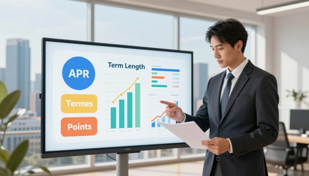 A detailed and visually striking illustration of commercial loan rates and terms in the real estate market. In the foreground, a professional businessperson dressed in formal attire stands confidently, analyzing a financial document with charts and graphs showing interest rates and loan amounts. In the middle, a stylized presentation board displays key loan terms, such as "APR," "Term Length," and "Points," vividly illustrated with engaging colors. The background features a modern office skyline of Tennessee, conveying a sense of opportunity and growth. Soft natural lighting streams in through large windows, creating a welcoming and optimistic atmosphere. Use a wide-angle lens effect to enhance the depth and focus on the businessperson and the financial visuals. The overall mood is one of professionalism and strategic thinking, emphasizing the importance of informed investment decisions in the current market.