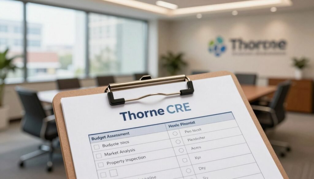 A detailed, visually appealing practice checklist designed for healthcare real estate, prominently featuring the brand name "Thorne CRE". In the foreground, display a clipboard with a neatly organized checklist, including items related to financing risks, such as "Budget Assessment", "Market Analysis", and "Property Inspection". In the middle ground, a softly blurred office environment suggests a professional setting; a modern conference room filled with natural light from large windows. In the background, subtle outlines of medical facilities like clinics and hospitals can enhance the context of healthcare real estate. The overall mood should be professional and reassuring, with warm lighting that invites trust. The composition should be balanced and well-structured, conveying clarity and thoroughness without any text or distractions. A detailed, visually appealing practice checklist designed for healthcare real estate, prominently featuring the brand name "Thorne CRE". In the foreground, display a clipboard with a neatly organized checklist, including items related to financing risks, such as "Budget Assessment", "Market Analysis", and "Property Inspection". In the middle ground, a softly blurred office environment suggests a professional setting; a modern conference room filled with natural light from large windows. In the background, subtle outlines of medical facilities like clinics and hospitals can enhance the context of healthcare real estate. The overall mood should be professional and reassuring, with warm lighting that invites trust. The composition should be balanced and well-structured, conveying clarity and thoroughness without any text or distractions.