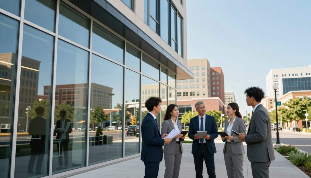 A modern commercial real estate office building prominently displayed in the foreground, featuring large glass windows and a sleek architectural design, reflecting the essence of a bustling South Dakota business hub. In the middle ground, include a diverse group of professionals in business attire engaged in a discussion, holding documents and digital tablets, symbolizing informed decision-making in real estate financing. The background showcases a vibrant cityscape of South Dakota, with clear blue skies and greenery, casting soft, warm sunlight to create an inviting atmosphere. Use a wide-angle lens to enhance depth and perspective, capturing a sense of opportunity and growth within the commercial real estate landscape. The mood should be professional yet approachable, emphasizing strategic choices for business success.