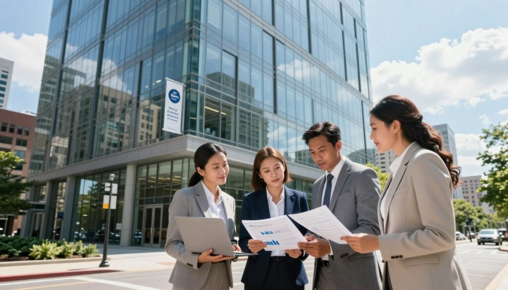 A modern office building in an urban North Carolina setting, showcasing commercial real estate. In the foreground, a diverse group of three business professionals in smart business attire are discussing financial documents and a laptop, symbolizing collaboration in real estate financing. In the middle ground, the sleek glass facade of a contemporary multi-story office building reflects the surrounding cityscape, while a banner advertising "Prime Financing Solutions" is subtly featured. The background includes a clear blue sky with soft clouds, evoking a productive and optimistic atmosphere. The scene is brightly lit with natural sunlight, utilizing a wide-angle lens to capture the scale and detail of the environment, creating an inviting and professional mood.