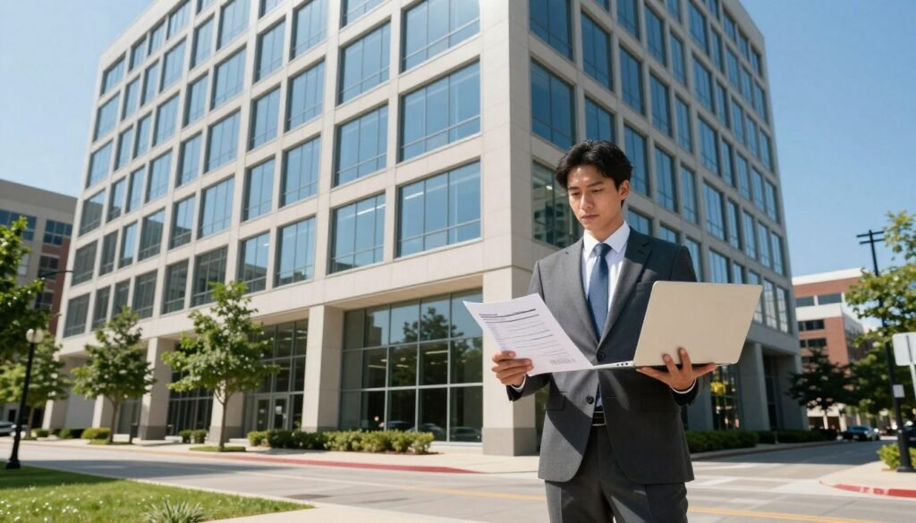 A modern office building reflecting the principles of refinancing in commercial real estate, situated in a bustling urban environment in Tennessee. In the foreground, a business professional in a tailored suit stands confidently, holding financial documents and a laptop, symbolizing strategic financial decisions. The middle ground features the sleek, contemporary architecture of the office building, with large glass windows that capture the sunlight, creating a bright and optimistic atmosphere. In the background, a clear blue sky enhances the visual appeal, while green trees lining the sidewalk convey a sense of prosperity. The lighting is bright and natural, suggesting a hopeful and forward-thinking mood, captured in a wide-angle view to emphasize the setting.