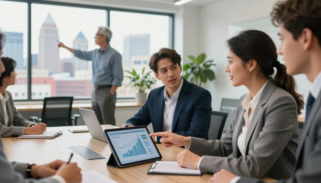 A modern office conference room showcasing a diverse group of professionals engaged in a strategic discussion about commercial real estate financing. In the foreground, a confident middle-aged woman in business attire points to a digital tablet displaying financial graphs. Beside her, a younger man in a crisp suit takes notes, while an older gentleman with glasses gestures towards a large window showing a city skyline filled with Tennessee's iconic architecture. The background features a well-lit room with sleek furniture, plants, and a cityscape view. Soft, natural daylight streams in, enhancing the collaborative and optimistic atmosphere, with a shallow depth of field focus on the team’s expressions of determination and innovation in financing.