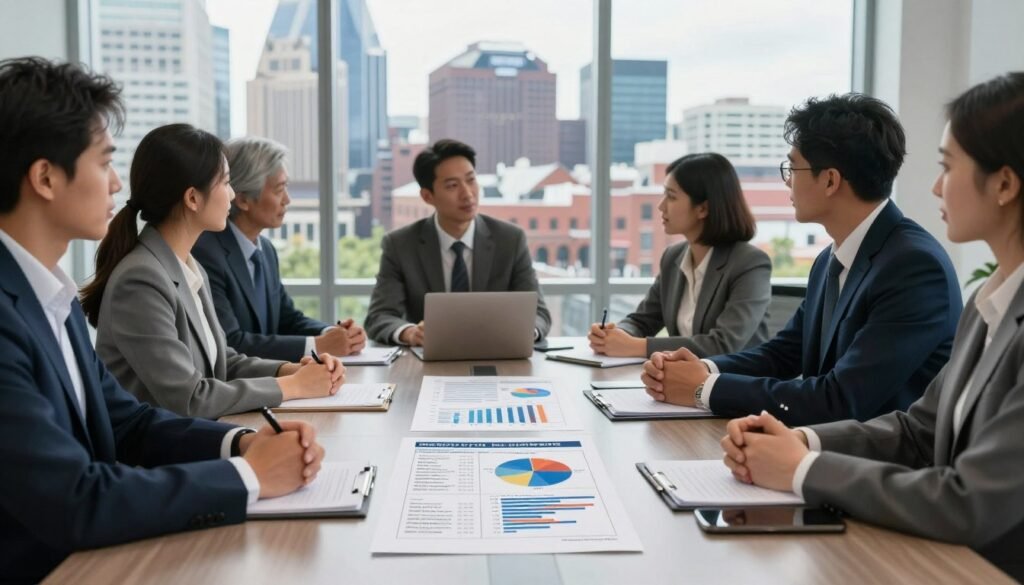A modern office environment featuring a sleek conference table in the foreground, surrounded by diverse professionals in business attire engaged in a discussion about commercial real estate loans. In the middle ground, there are detailed documents spread across the table, showcasing charts and graphs that depict loan structures and repayment terms. A large window in the background reveals a bustling city skyline of Nashville, symbolizing the commercial real estate market in Tennessee. Soft, natural light pours in, creating an energetic yet focused atmosphere. The camera is positioned at eye level with a slight depth of field effect to emphasize the professionals and documents, while the background provides context without distraction.