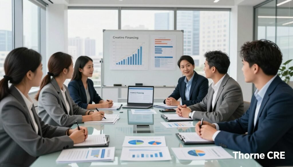 A modern office financing meeting taking place in a sleek conference room. In the foreground, a diverse group of professionals dressed in smart business attire, engaging in discussion around a large glass table, surrounded by charts and documents regarding office loans and financing options. The middle layer features a whiteboard displaying financial graphs and a laptop open with a presentation slide titled "Creative Financing." In the background, large windows with city skyline views let in natural light, illuminating the space with a bright and optimistic atmosphere. The overall mood is focused and collaborative, conveying a professional environment where innovative financing solutions are explored. Soft shadows enhance depth and interest. In the bottom corner, subtly include "Thorne CRE" as a logo representation without any text overlay.