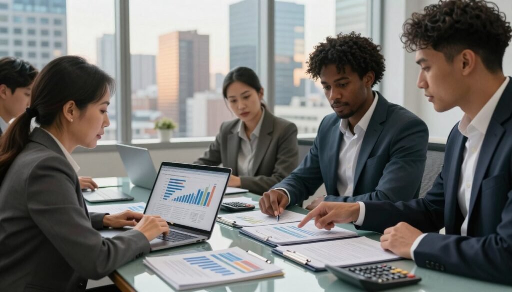 A modern office setting showcasing a diverse group of professionals discussing commercial real estate loan underwriting. In the foreground, a middle-aged Asian woman in a tailored suit is analyzing charts on a laptop, while a young Black man in business attire points to financial documents on the table. In the middle ground, there's a large glass conference table covered with reports, calculators, and loan agreement documents. Behind them, a wall of windows reveals a bustling cityscape in the background, with skyscrapers reflecting the warm sunlight. Soft ambient lighting enhances a focused, collaborative atmosphere, conveying the seriousness of financial evaluations including rates, credit assessments, and DSCR metrics. The overall mood is professional and strategic, embodying a theme of thorough evaluation and financial analysis.