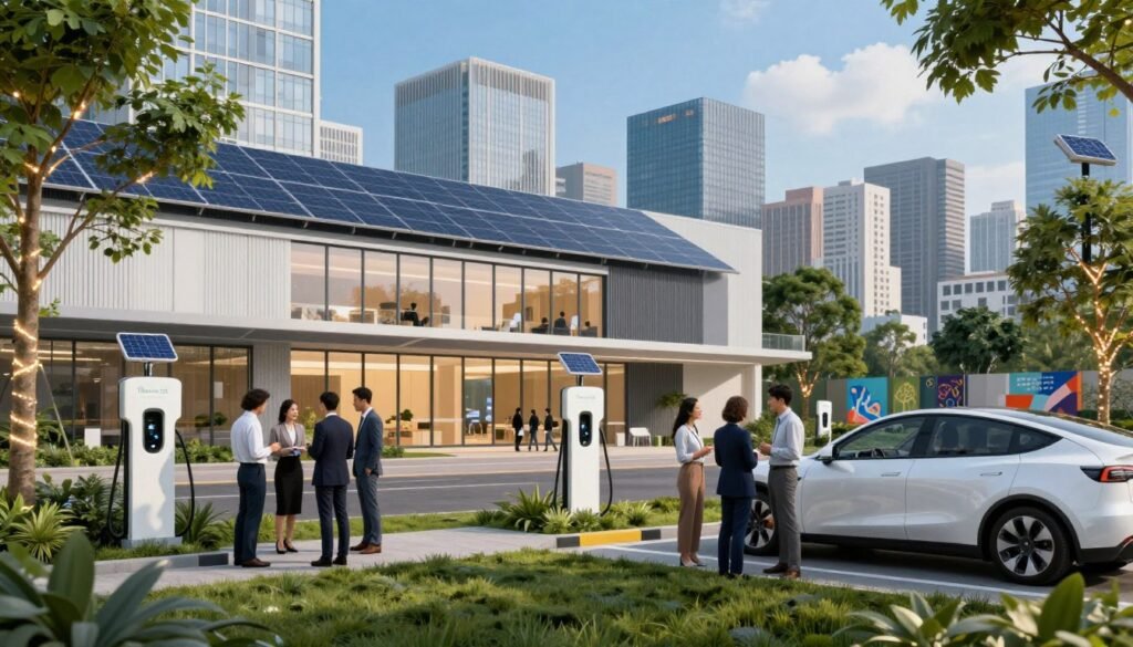 A modern urban landscape showcasing electrification and amenities. In the foreground, a diverse group of professionals in business attire engage in discussion near charging stations for electric vehicles, surrounded by lush green spaces. In the middle ground, a sleek building with solar panels and advanced architectural design symbolizes renewable energy and sustainability, with large windows reflecting an inviting atmosphere. The background features a vibrant city skyline under a bright blue sky, highlighting the evolution of urban living. Soft, warm lighting enhances the scene, giving it an optimistic and forward-looking mood. Subtle elements like trees with solar lighting and urban art installations showcase the integration of nature and technology. Include the logo of "Thorne CRE" subtly in the corner, maintaining focus on the overall theme.