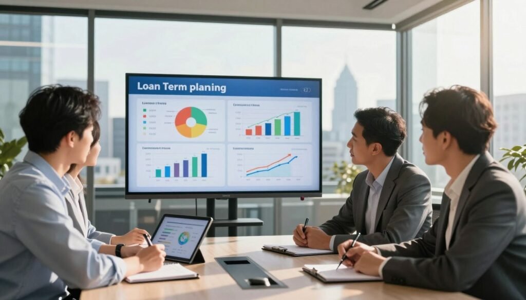 A professional business setting focusing on loan term planning for commercial real estate financing. In the foreground, a diverse group of three business professionals, two men and one woman, are gathered around a modern conference table, taking notes and discussing graphs displayed on a digital tablet. In the middle, a large screen shows a colorful presentation of loan rates, terms, and various structures with charts and diagrams, emphasizing strategic approaches. In the background, a sleek office environment with large windows revealing a view of the Oregon skyline, bathed in warm, natural sunlight, creates an inviting atmosphere. The lighting is bright yet balanced for clarity, capturing a serious yet collaborative mood, ideal for a strategic financial discussion.