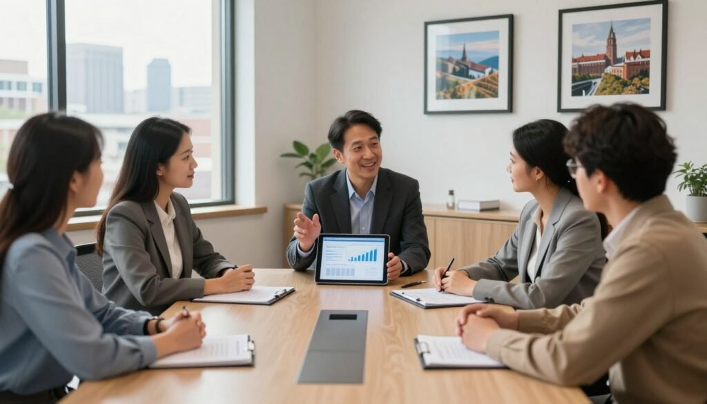 A professional lending advisor sits at a sleek, modern conference table in a well-lit office, engaging in a discussion with a diverse group of clients. The advisor, dressed in professional business attire, gestures toward a digital tablet displaying financial graphs and lending options. On the walls, there are framed images of Tennessee landmarks, enhancing the local feel. In the background, large windows let in natural light, showcasing a view of a city skyline. The atmosphere is warm and inviting, with a focus on collaboration and personalized service. The composition emphasizes clarity and trust, suggesting quick decisions with a friendly, knowledgeable approach to commercial real estate financing.