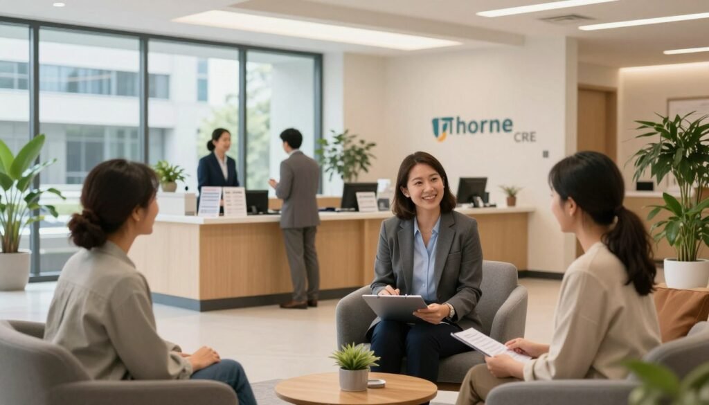 A professional medical office setting featuring a well-maintained owner-occupied medical building. In the foreground, a confident healthcare provider in business attire discusses plans with a happy patient in a bright, welcoming waiting area filled with plants and comfortable seating. The middle ground shows a clean reception desk with friendly staff assisting other clients, and various informational brochures about healthcare services displayed. In the background, large windows provide natural light illuminating the modern architecture of the building. The atmosphere is warm and inviting, promoting a sense of trust and professionalism. Soft lighting enhances the scene, giving it a serene feel while maintaining a business-friendly environment. The logo "Thorne CRE" is subtly integrated into the reception area interior design. A professional medical office setting featuring a well-maintained owner-occupied medical building. In the foreground, a confident healthcare provider in business attire discusses plans with a happy patient in a bright, welcoming waiting area filled with plants and comfortable seating. The middle ground shows a clean reception desk with friendly staff assisting other clients, and various informational brochures about healthcare services displayed. In the background, large windows provide natural light illuminating the modern architecture of the building. The atmosphere is warm and inviting, promoting a sense of trust and professionalism. Soft lighting enhances the scene, giving it a serene feel while maintaining a business-friendly environment. The logo "Thorne CRE" is subtly integrated into the reception area interior design.