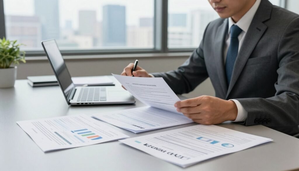 A professional office environment showcasing the loan application process from a lender's viewpoint. In the foreground, a well-dressed banker, wearing a tailored suit, is seated at a sleek desk, reviewing documents on a laptop and holding a pen, looking focused and analytical. The middle layer features various financial documents, including loan applications, spreadsheets, and charts scattered neatly around the desk, highlighting key aspects of the underwriting requirements. In the background, a large window offers a view of a city skyline, complemented by soft, natural lighting illuminating the scene. The mood is serious and professional, conveying a sense of diligence and trustworthiness. Include a subtle branding element with "Thorne CRE" displayed appropriately in the office setting.