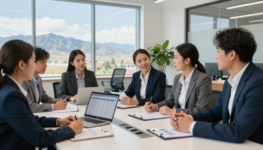 A professional office setting in Utah focused on lending compliance and disclosures for commercial financing transactions. In the foreground, a diverse group of business professionals dressed in formal business attire are engaged in a discussion around a conference table filled with documents, charts, and a laptop displaying financial data. The middle ground shows a large window with a view of the Utah landscape, featuring mountains and blue skies, subtly highlighting the local context. In the background, a modern office design with sleek furniture and vibrant plants enhances the work environment. The lighting is bright and natural, creating an uplifting atmosphere, captured with a slightly tilted lens to emphasize the dynamic interactions in the scene. The overall mood is professional, focused, and collaborative. A professional office setting in Utah focused on lending compliance and disclosures for commercial financing transactions. In the foreground, a diverse group of business professionals dressed in formal business attire are engaged in a discussion around a conference table filled with documents, charts, and a laptop displaying financial data. The middle ground shows a large window with a view of the Utah landscape, featuring mountains and blue skies, subtly highlighting the local context. In the background, a modern office design with sleek furniture and vibrant plants enhances the work environment. The lighting is bright and natural, creating an uplifting atmosphere, captured with a slightly tilted lens to emphasize the dynamic interactions in the scene. The overall mood is professional, focused, and collaborative.