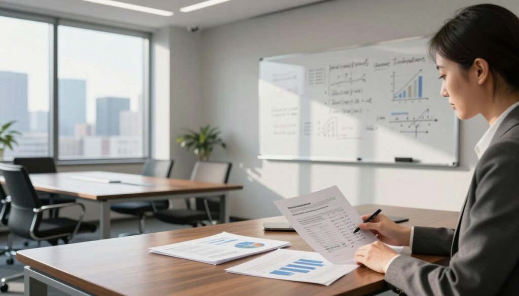 A professional office setting in the foreground featuring a well-dressed businesswoman analyzing documents on a sleek wooden desk, showcasing graphs and charts related to financing terms and rates. In the middle ground, a modern conference room with a large window, sunlight streaming in, illuminating a whiteboard filled with financial formulas and key performance indicators. The background shows a city skyline, representing an urban business environment. The mood is focused and analytical, with a sense of urgency and professionalism. The lens is a wide-angle, capturing the depth of the room while prioritizing clarity on the documents. Include subtle branding elements for "Thorne CRE" subtly integrated into the workspace, conveying a theme of financial expertise and innovative solutions.