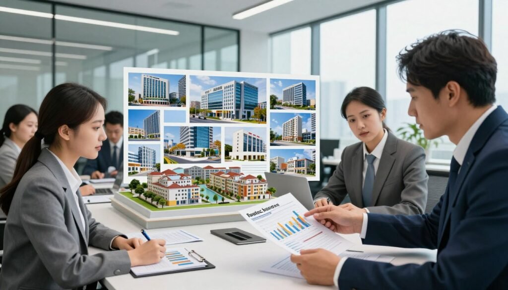 A professional office setting showcasing a diverse group of individuals analyzing collateral assets for loans. In the foreground, a well-dressed businesswoman and businessman are reviewing a property valuation report on a sleek conference table, highlighting graphs and documents. The middle ground features an array of property models and various commercial real estate imagery, including pictures of office buildings and shopping centers, symbolizing different types of collateral. The background displays a modern, glass-walled office with large windows letting in natural light, suggesting a high-stakes environment. The mood is serious yet collaborative, exemplifying the strategic evaluation process. The image is captured from a slightly elevated angle, enhancing the sense of professionalism and engagement in the workspace.