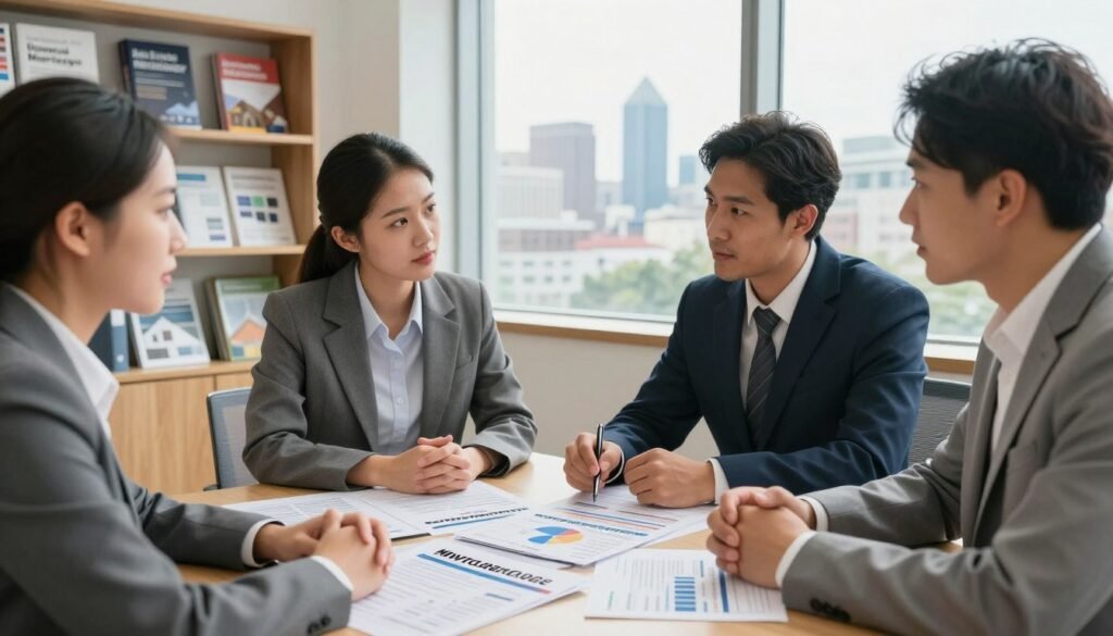 A professional office setting showcasing various types of commercial mortgages in a bright and inviting atmosphere. In the foreground, a diverse group of three business professionals in business attire discussing over a table covered with mortgage type brochures and charts. The middle layer features a large window revealing a North Carolina city skyline, symbolizing commercial real estate investment opportunities. In the background, shelves display books and resources on finance and real estate. Soft natural lighting streams through the window, enhancing the warm, collaborative mood. Use a slightly angled perspective to emphasize the dynamics of the discussion, ensuring a professional and engaging atmosphere.