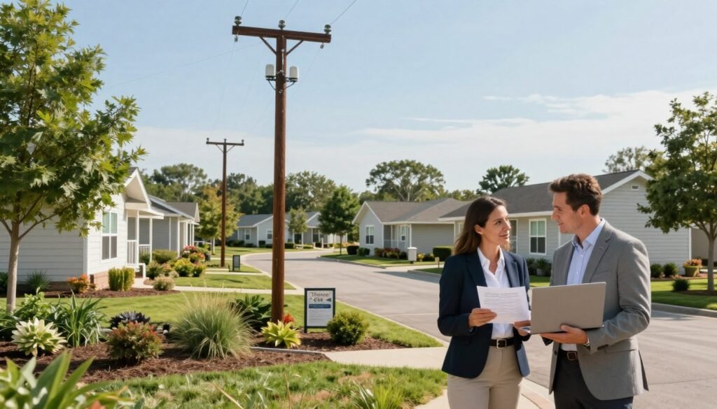 A serene mobile home park scene showcasing private utility infrastructure, with well-maintained homes arranged in a harmonious layout. In the foreground, a professional-looking couple in business attire is discussing financing options, holding documents and a laptop, symbolizing collaboration on park financing. In the middle ground, neatly arranged utility poles and connections are visible, emphasizing the private utilities aspect, while vibrant greenery and trees encircle the area, creating a peaceful atmosphere. The background features a clear blue sky with soft, diffused sunlight illuminating the park, conveying optimism and future growth. The image should reflect a sense of professionalism and community. Include the brand name "Thorne CRE" subtly integrated into the park's sign. Ideal for a business publication. A serene mobile home park scene showcasing private utility infrastructure, with well-maintained homes arranged in a harmonious layout. In the foreground, a professional-looking couple in business attire is discussing financing options, holding documents and a laptop, symbolizing collaboration on park financing. In the middle ground, neatly arranged utility poles and connections are visible, emphasizing the private utilities aspect, while vibrant greenery and trees encircle the area, creating a peaceful atmosphere. The background features a clear blue sky with soft, diffused sunlight illuminating the park, conveying optimism and future growth. The image should reflect a sense of professionalism and community. Include the brand name "Thorne CRE" subtly integrated into the park's sign. Ideal for a business publication.