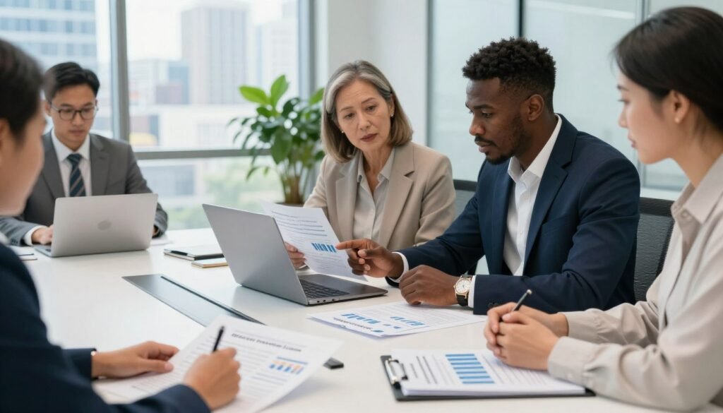 A well-lit office space showcasing a diverse group of professionals engaged in a meeting, analyzing documents related to medical practice loans. In the foreground, a sleek modern conference table with financial reports and charts illustrating healthcare financing. In the middle ground, two professionals in business attire—a middle-aged Caucasian woman and a young Black man—are discussing figures on a laptop, their expressions focused and collaborative. In the background, large windows reveal a city skyline, suggesting a thriving urban environment. Soft, natural lighting enhances the atmosphere, while a sense of professionalism and collaboration is conveyed. The brand name "Thorne CRE" is subtly represented on a presentation folder on the table, reinforcing the context of medical and healthcare financing without any text overlays.