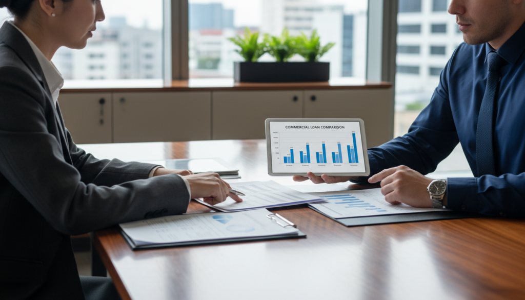 Commercial property owner reviewing loan maturity options with financial advisor
