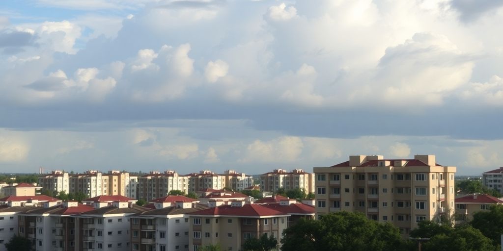 Residential buildings under a partly cloudy sky.