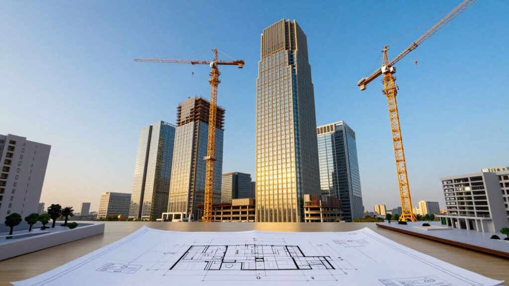 Skyscraper construction with blueprints and models.