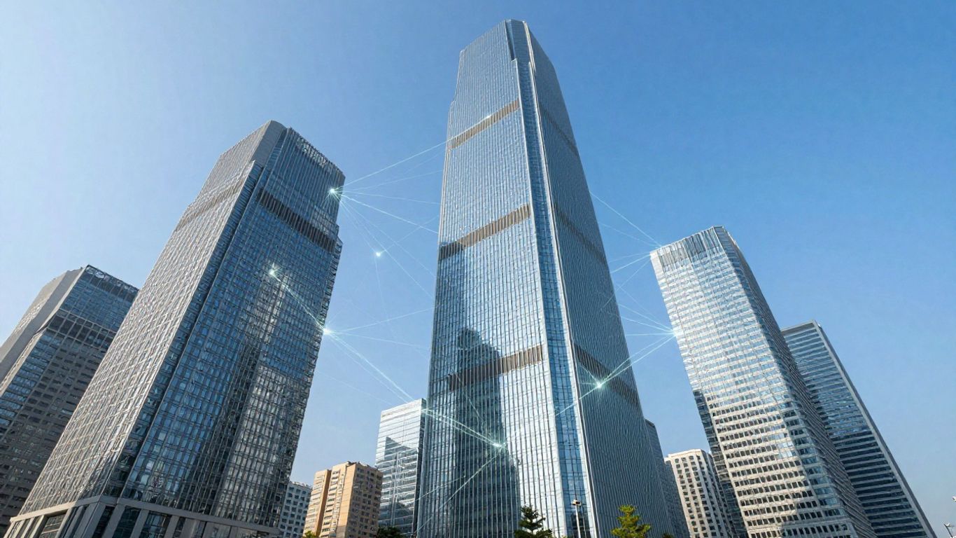 Cityscape with connected skyscrapers and sunlight.