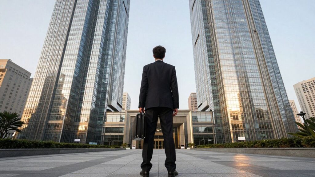 Beginner investor approaches a large commercial real estate building.