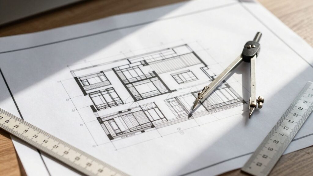 Blueprint and tools for construction project planning.