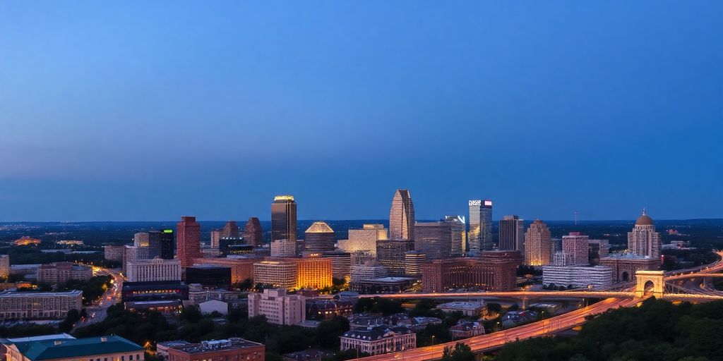 Austin skyline with vibrant city lights.