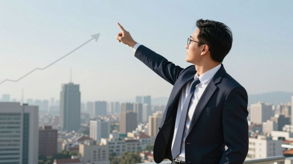 Business owner pointing towards a cityscape, symbolizing nationwide expansion.