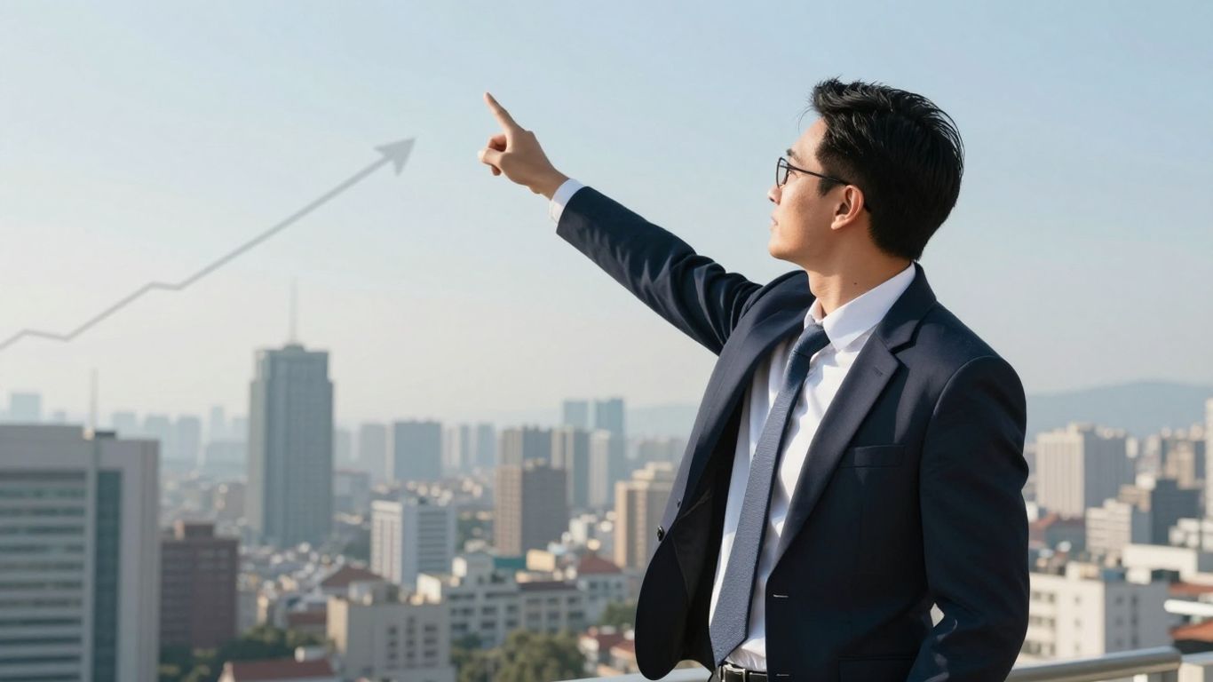 Business owner pointing towards a cityscape, symbolizing nationwide expansion.