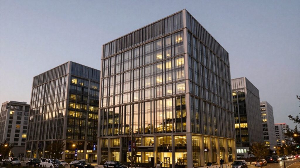 Modern cityscape with a prominent building at dusk.