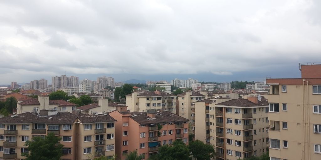 Residential buildings under a cloudy sky.