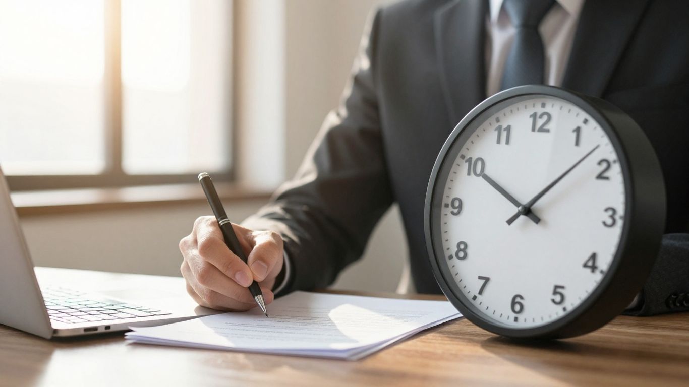 Businessperson signing a loan document quickly with a clock in background.