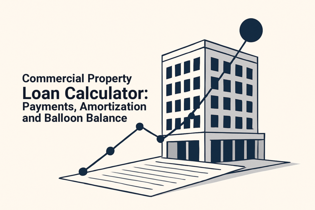 Illustration of a commercial building, loan documents, payment schedule, and a maturity-date marker