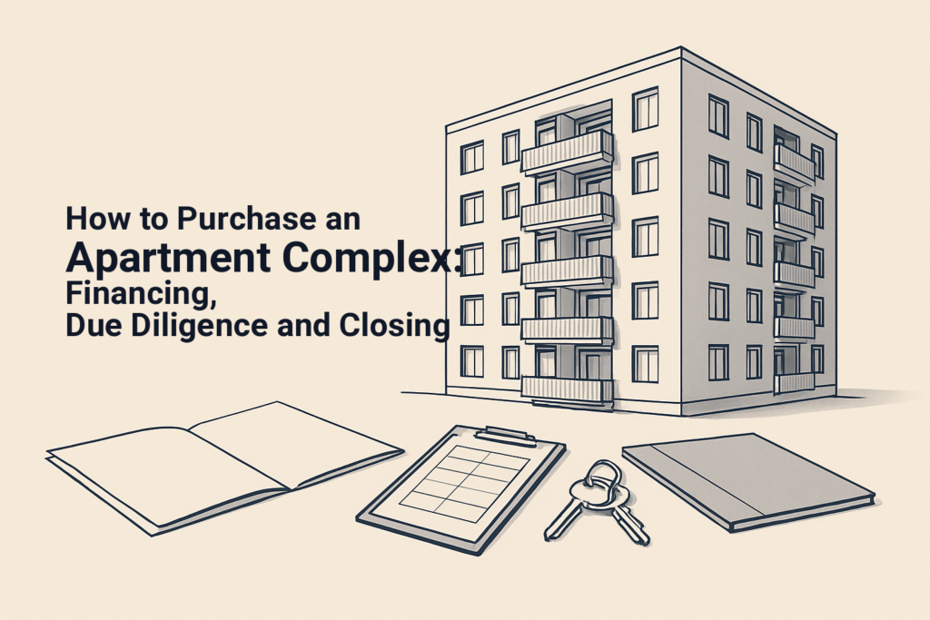 Apartment building acquisition plan with property documents, financing analysis and closing materials