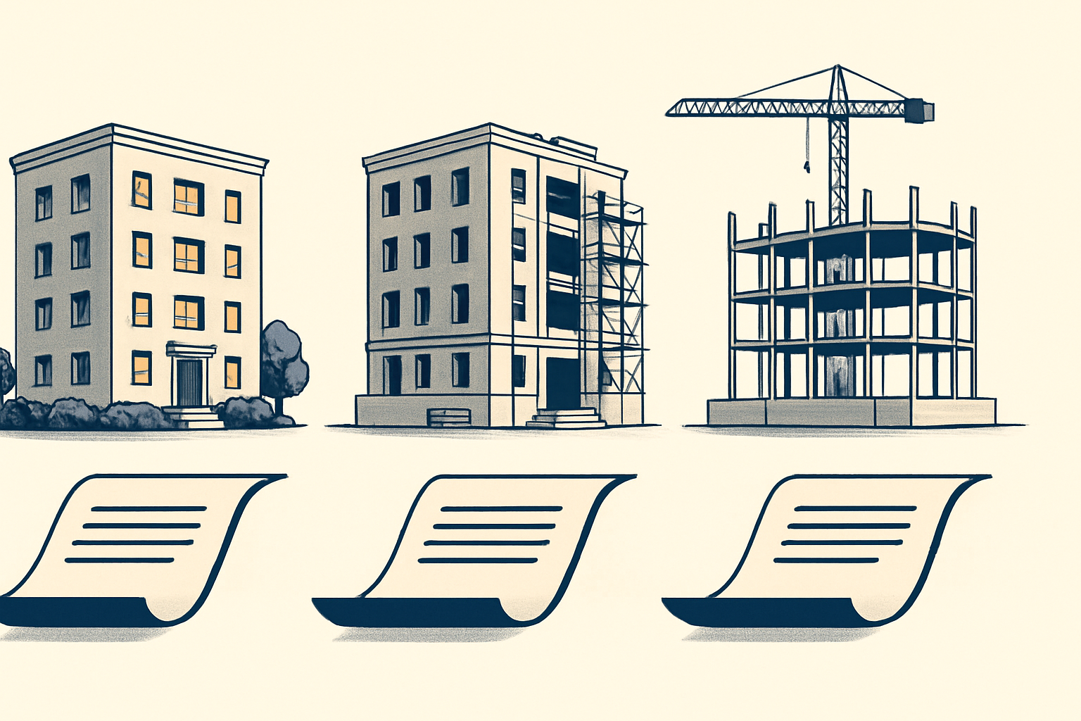 Three apartment property conditions showing stabilized, transitional and construction financing paths