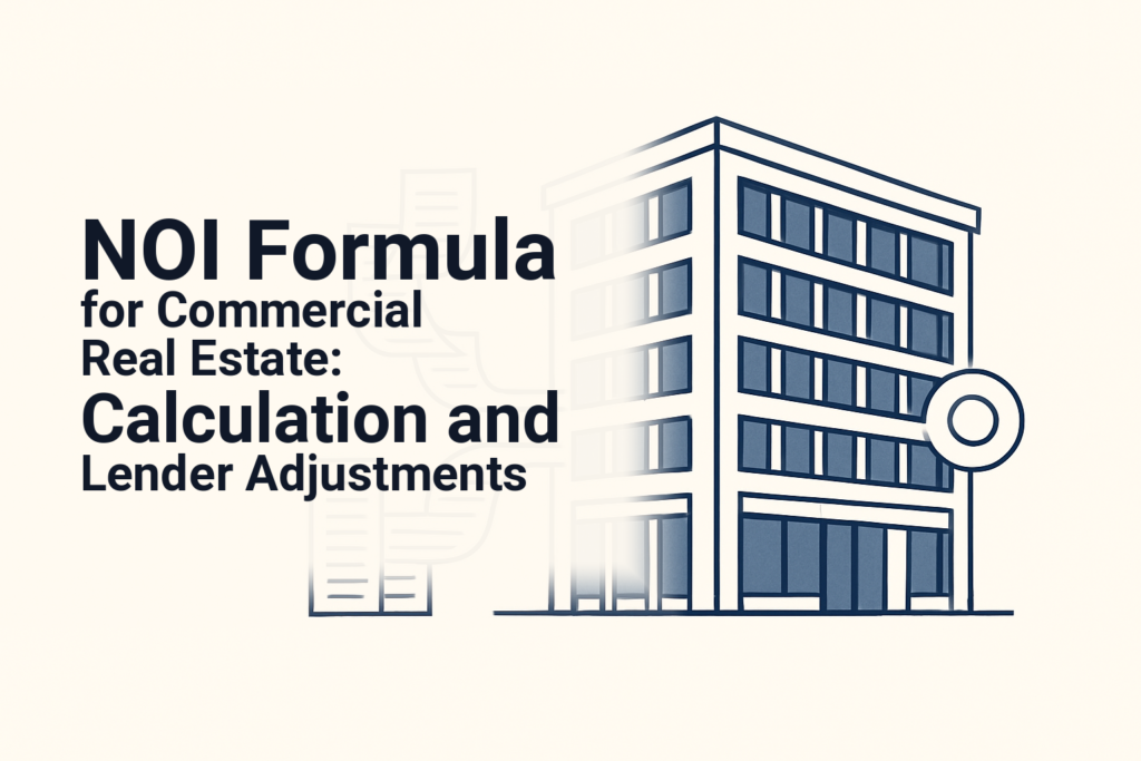 Commercial property, income ledger, and expense ledger illustrating the NOI formula