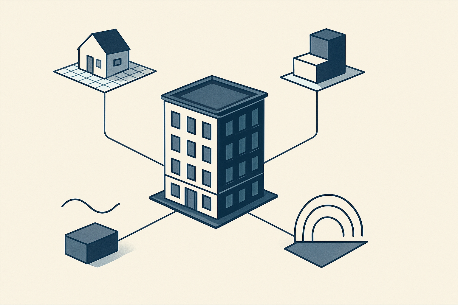 Commercial property building connected to separate valuation, loan amount, debt yield, and DSCR analysis paths