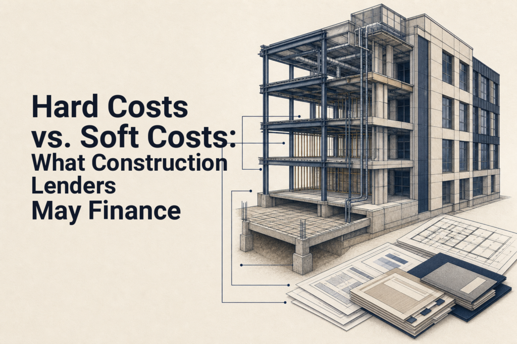 Construction budget documents beside a partially built commercial property