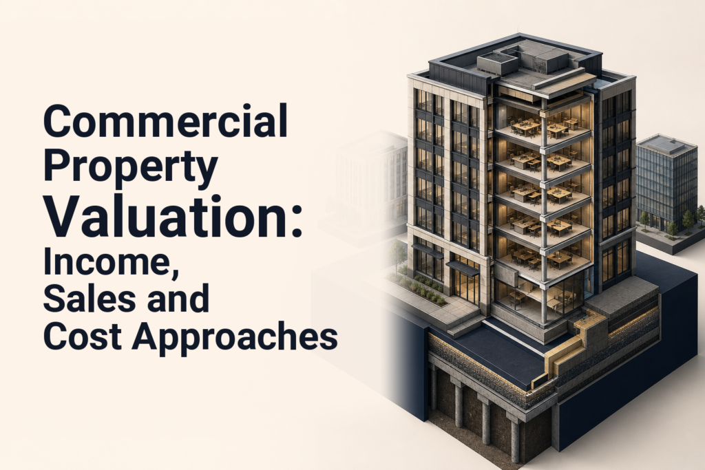 Commercial property valuation illustration with a building, operating documents, and financing analysis