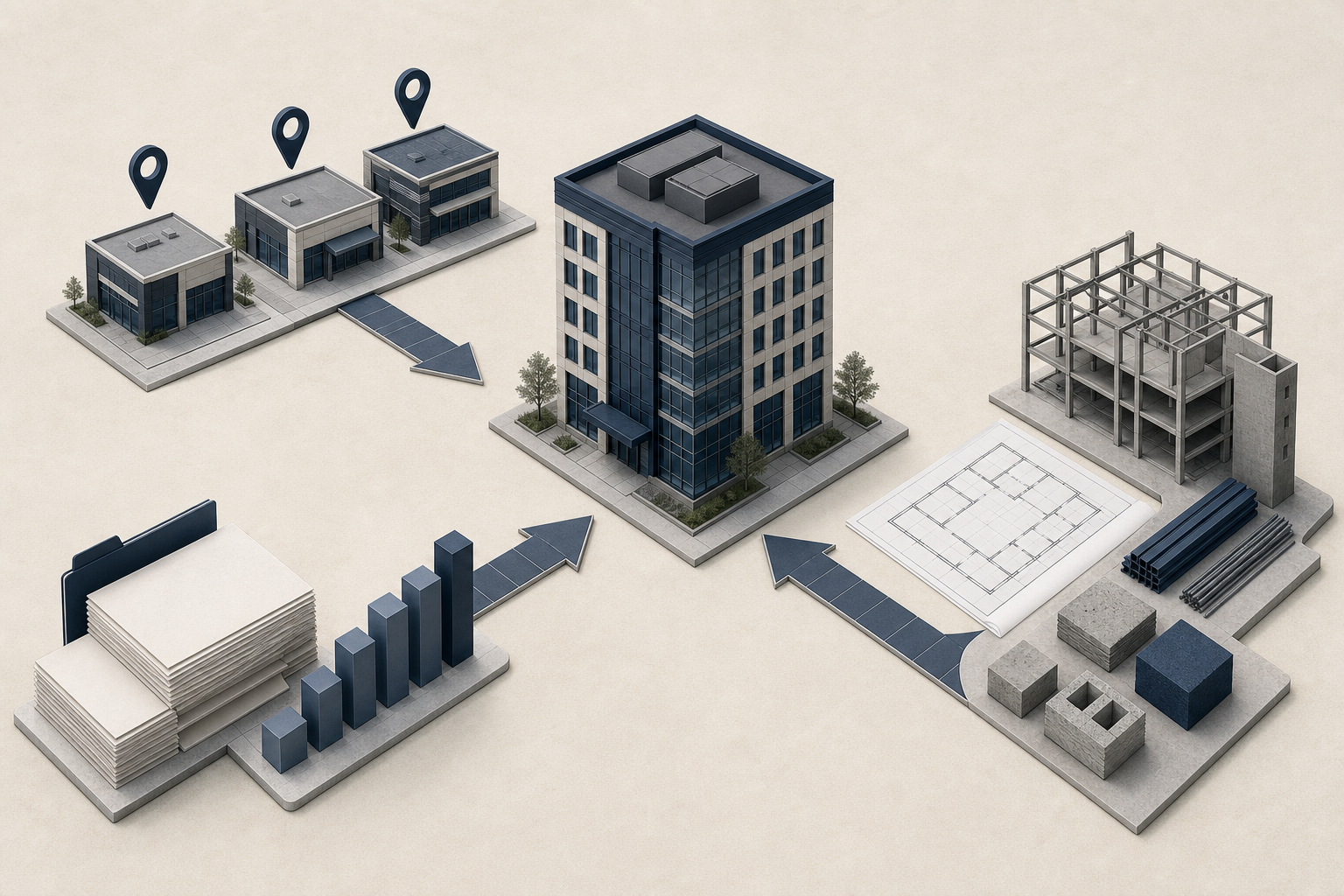 Three commercial valuation methods shown as income, comparable sales, and construction cost paths