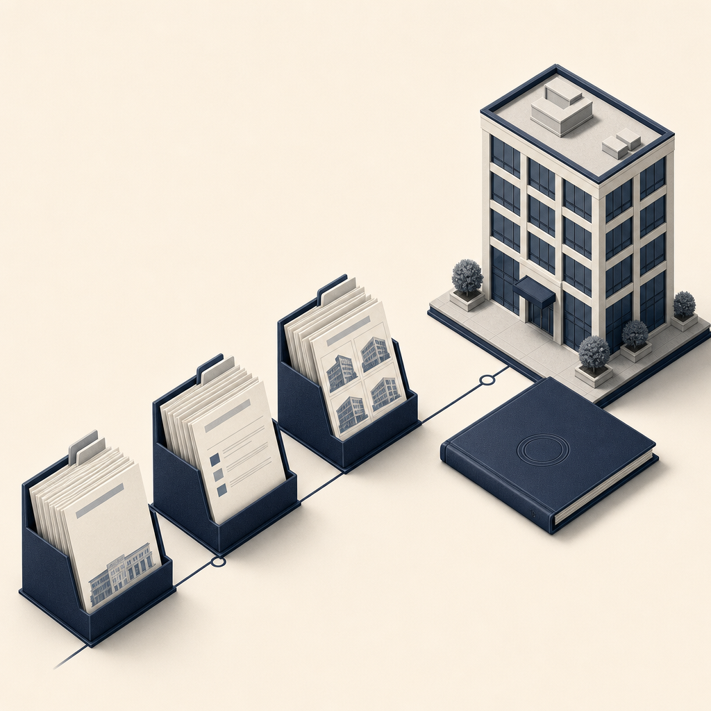 Workflow showing commercial property records becoming valuation assumptions and a value conclusion